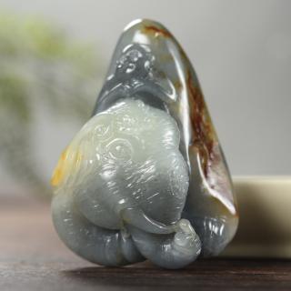 疆友 孤品 和田玉青花籽料封侯拜相吊坠 大象 生肖猴挂件 87克